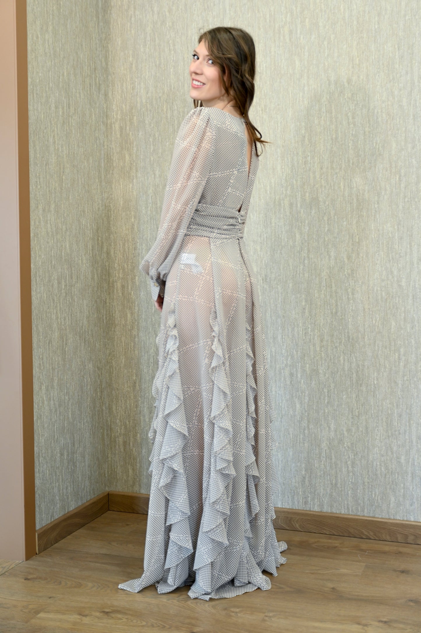 Abito red carpet in georgette con stampa pois e nastri Elisabetta Franchi Elisabetta Franchi PE25
