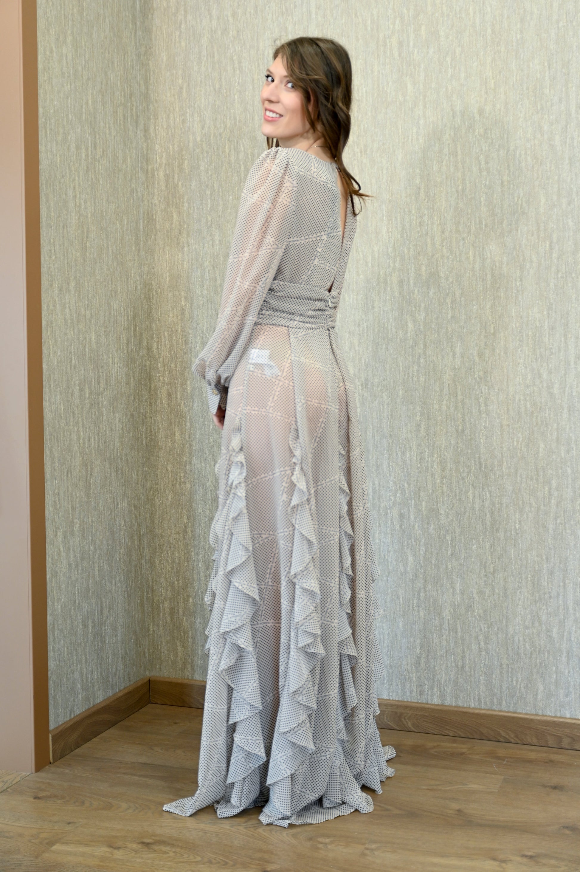 Abito red carpet in georgette con stampa pois e nastri Elisabetta Franchi Elisabetta Franchi PE25