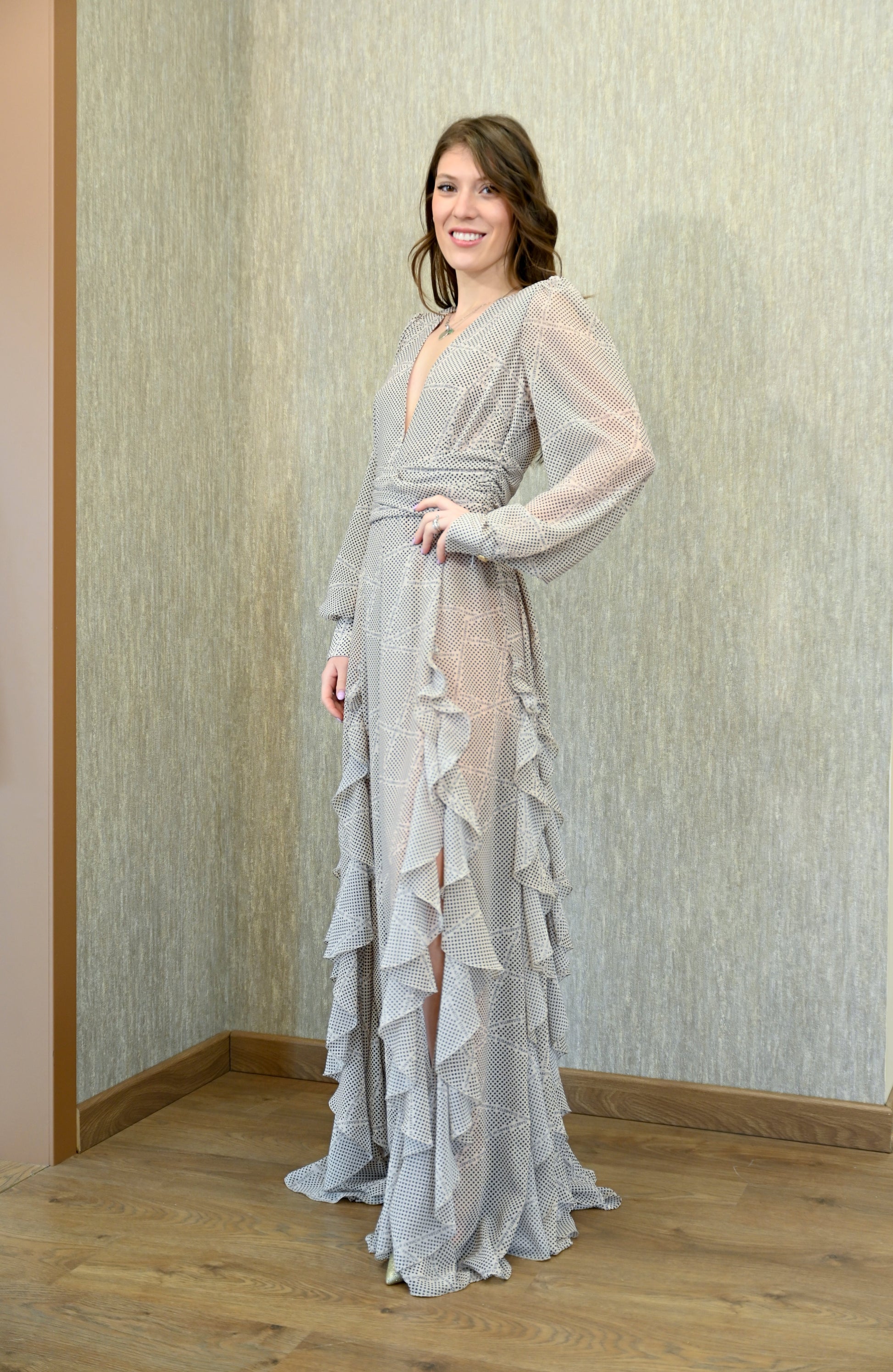 Abito red carpet in georgette con stampa pois e nastri Elisabetta Franchi Elisabetta Franchi PE25